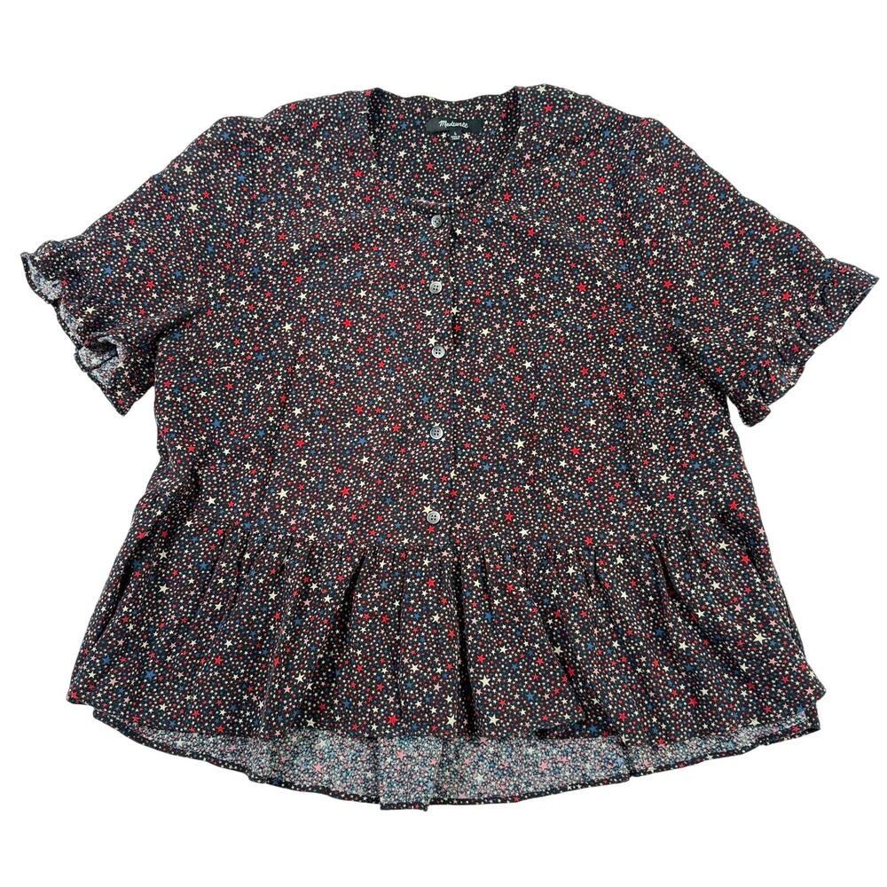Madewell Star Print Peplum Button Front Top Women’s Large 100% Cotton Blouse